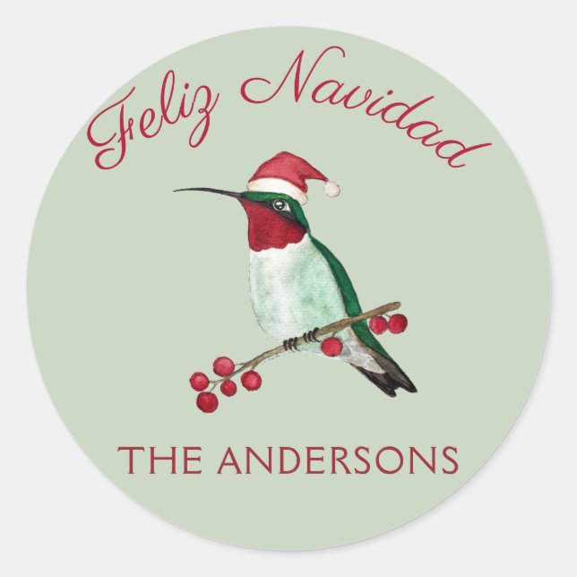 Custom Feliz Navidad Ruby-throated Hummingbird Runder Aufkleber (Vorderseite)
