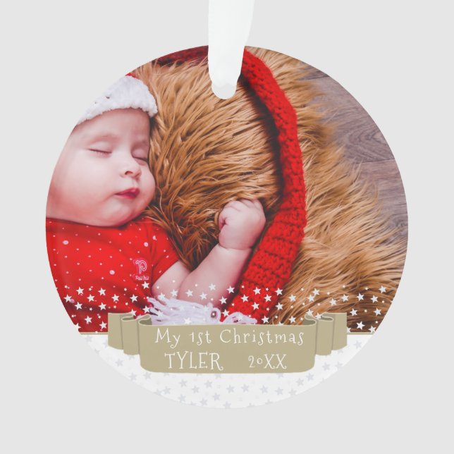 Custom Festive Baby's First Christmas Foto Ornament (Vorderseite)