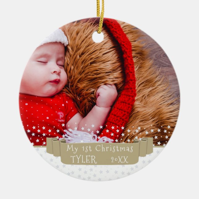 Custom Festive Banner Baby First Christmas Foto Keramik Ornament (Vorne)