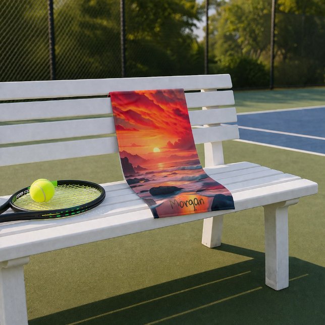 Custom Fierly Sunset Coast - Ocean Cliffs Sport Handtuch (Von Creator hochgeladen)