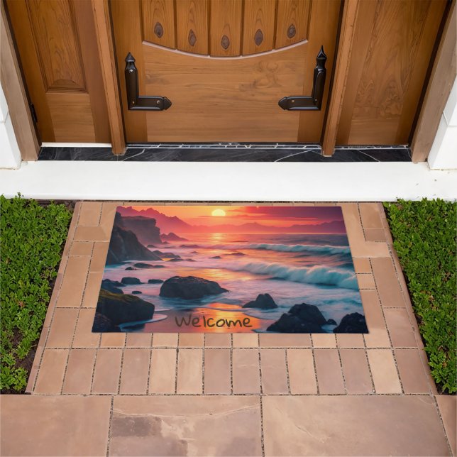 Custom Fiery Sunset Coastline - Ocean Cliffs Fußmatte (Außenbereich)