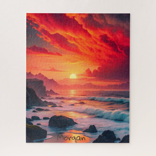 Custom Fiery Sunset Coastline - Ocean Cliffs Puzzle (Vertikal)