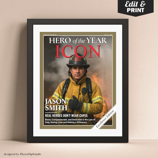 Custom Firefighter Geschenk Fireman Magazine Cover Poster (First Responder Gift Idea, Firemen Policemen Paramedic Gift, Custom Magazine Cover Poster)