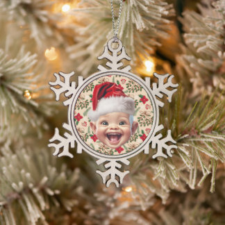 Custom First Baby Face Weihnachtsmannmütze Weihnac Schneeflocken Zinn-Ornament