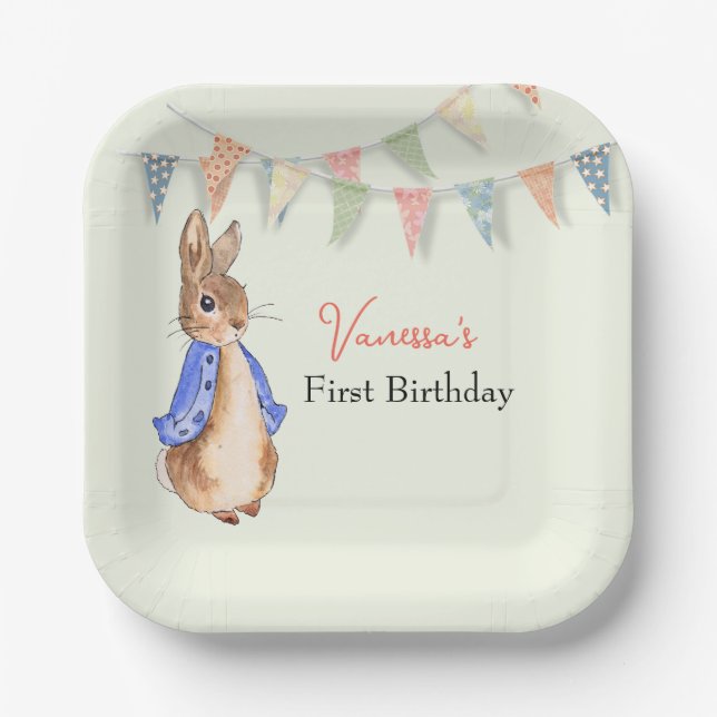 Custom First Birthday Peter der Kaninchenbunte Pappteller (Vorderseite)