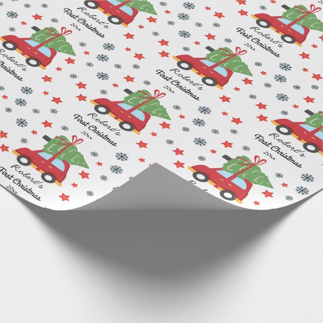 Custom First Christmas Baby Car und Weihnachtsbaum Geschenkpapier (Ecke)