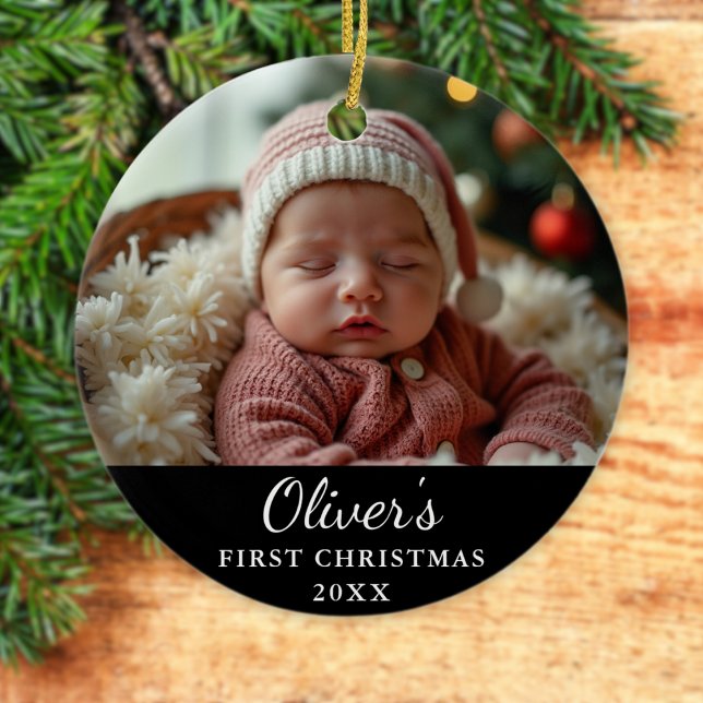 Custom First Christmas Baby Foto Black Keramik Ornament (Von Creator hochgeladen)