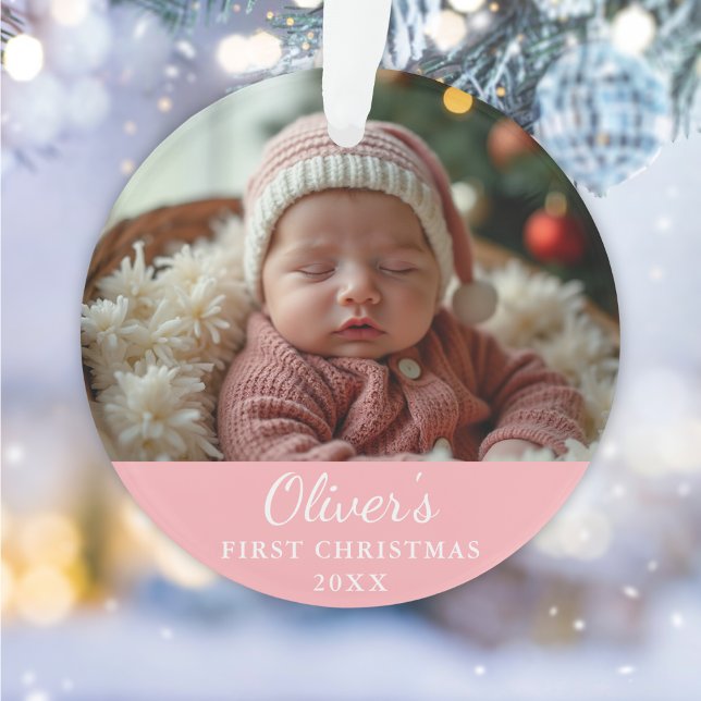 Custom First Christmas Baby Foto Pink Ornament (Von Creator hochgeladen)