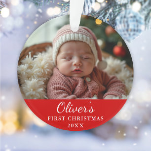Custom First Christmas Baby Foto Red Ornament