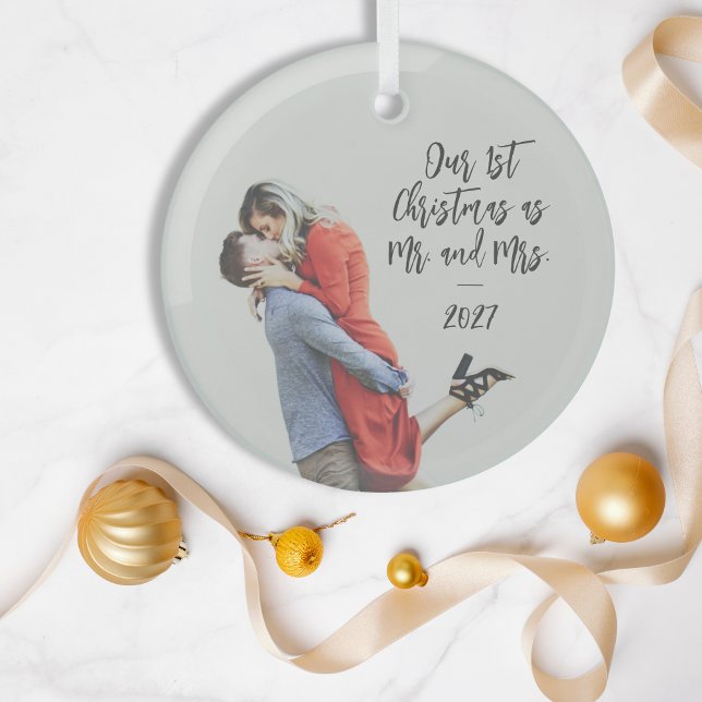 Custom First Christmas Mr. und Mrs. Foto Overlay Ornament Aus Glas (Von Creator hochgeladen)