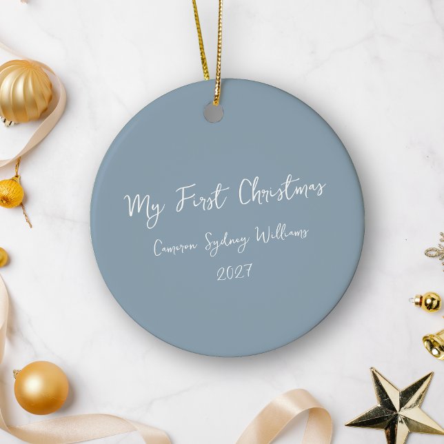 Custom First Christmas Script Baby Foto Blue Keramik Ornament (Von Creator hochgeladen)