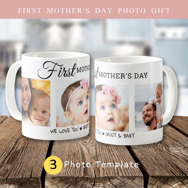 Custom First Mother's Day 3 Foto Collage Junge Mut Kaffeetasse (Custom First Mother’s Day 3 Photo Collage New Mom Coffee Mug)