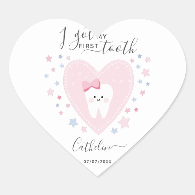Custom First Tooth Baby Girl Heart Sticker (Vorderseite)