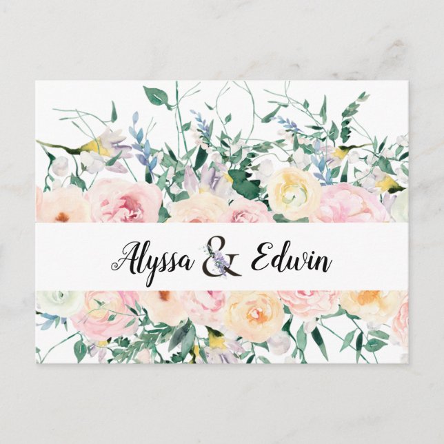 Custom Floral Bride Groom Names Save the Date Postkarte (Vorderseite)