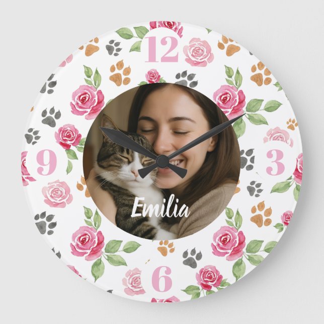 Custom Floral Cat Mom Wall Clock with Photo  Große Wanduhr (Vorderseite)