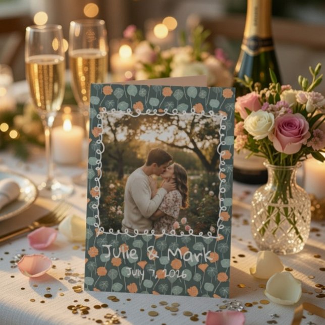 Custom Floral Doodle Photo Engagement Thank You  Dankeskarte (Von Creator hochgeladen)