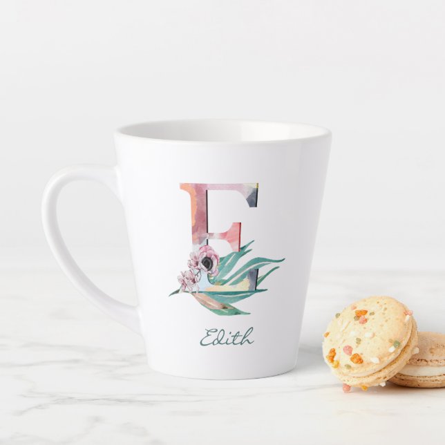 Custom Floral E Letter Watercolor Folion Monogramm Milchtasse (Beispiel)