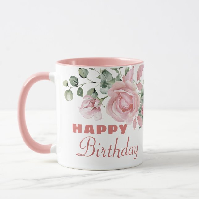 Custom Floral Happy Birthday  Tasse (Links)