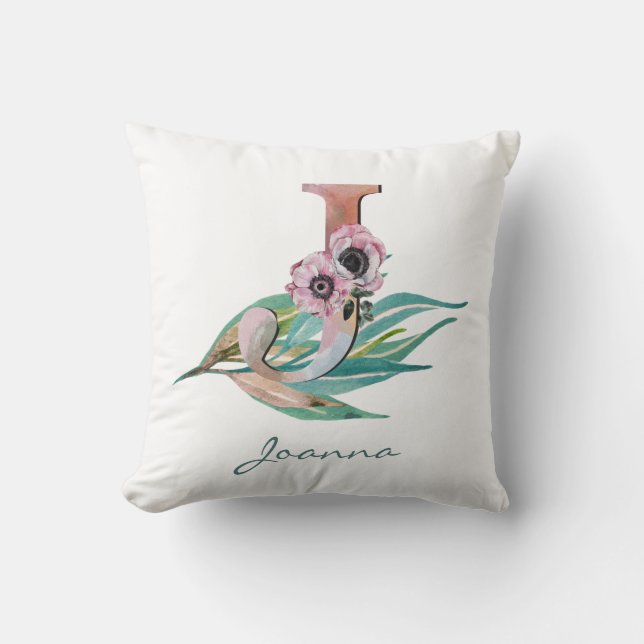 Custom Floral J Letter Watercolor Folion Monogramm Kissen (Vorderseite)