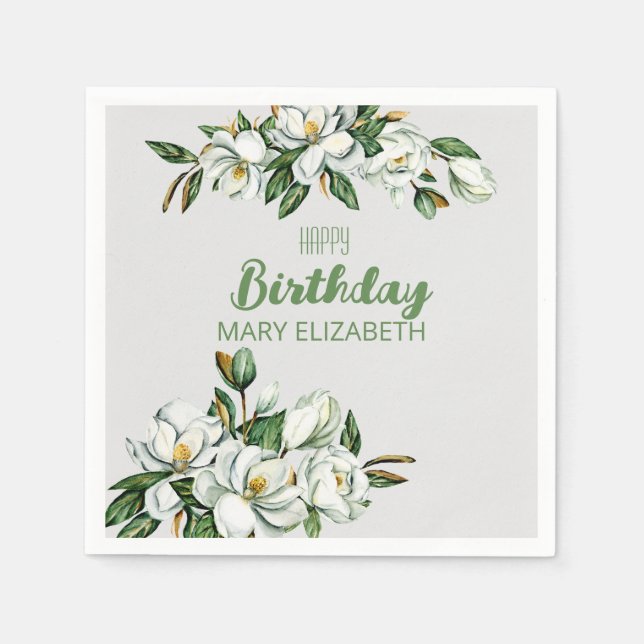Custom Floral Magnolia Greenery BIrthday Party Serviette (Vorderseite)