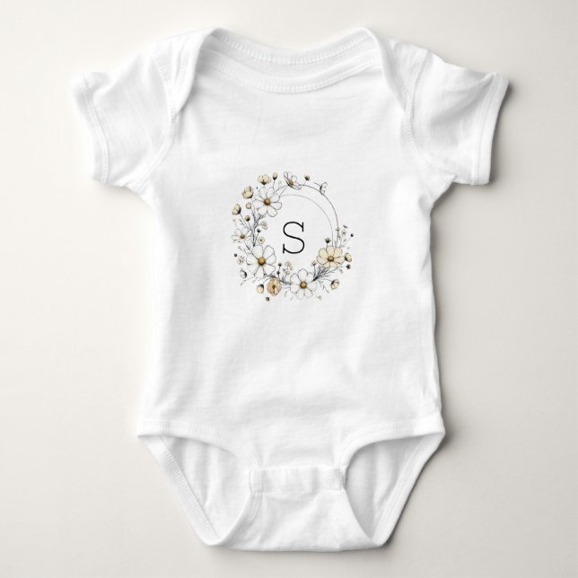 Custom Floral Monogram Baby Boho Sage Green Baby Strampler (Vorderseite)