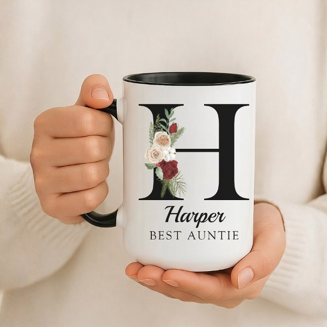 Custom Floral Monogram Mug Gift for Aunt Mom Nurse Tasse (Personalized Floral Alphabet Mug Gift for Mom, Teacher, Nurse, Doctor, Coworker, Boss or Bridesmaid)