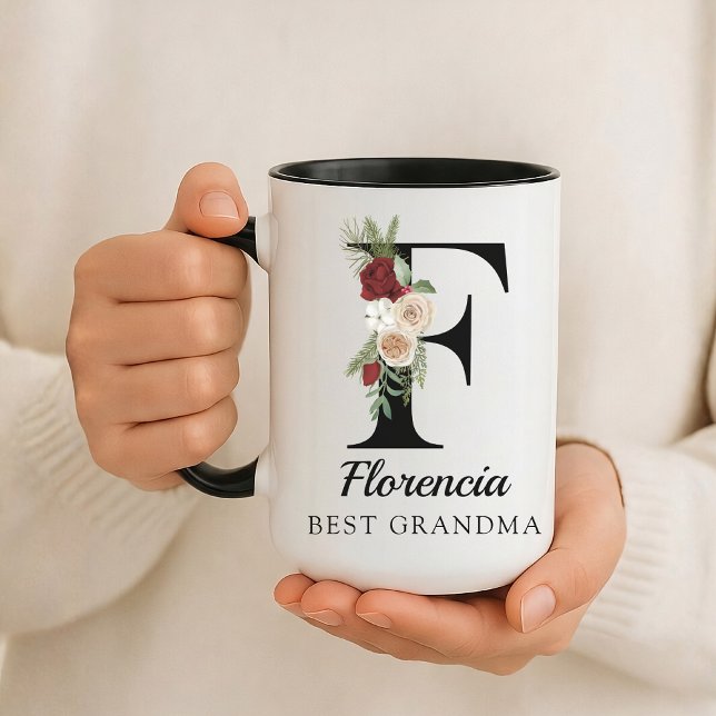 Custom Floral Monogram Mug Gift for Best Grandma Tasse (Personalized Floral Alphabet Mug Gift for Mom, Teacher, Nurse, Doctor, Coworker, Boss or Bridesmaid)