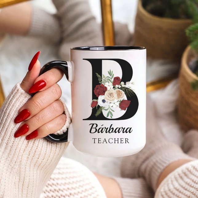 Custom Floral Monogram Mug Gift for Bride Teacher Tasse (Personalized Floral Alphabet Mug Gift for Teacher, Nurse, Doctor, Coworker, Boss, and Bridesmaid)