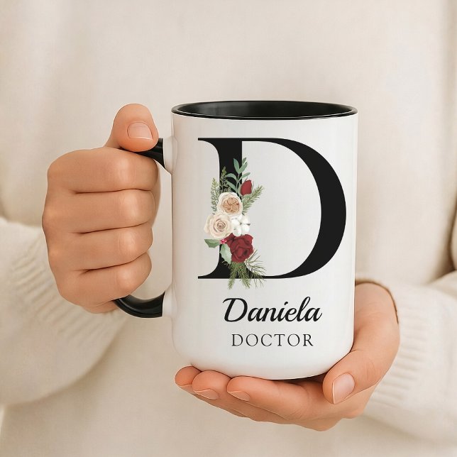 Custom Floral Monogram Mug Gift for Doctor Nurse  Tasse (Personalized Floral Alphabet Mug Gift for Mom, Teacher, Nurse, Doctor, Coworker, Boss or Bridesmaid)