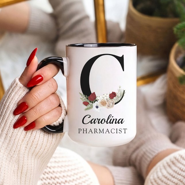 Custom Floral Monogram Mug Gift for RN Pharmacist  Tasse (Personalized Floral Alphabet Mug Gift for Mom, Teacher, Nurse, Doctor, Coworker, Boss or Bridesmaid)