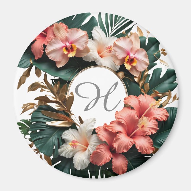 Custom Floral Monogram Tropical Fridge Magnet (Vorne)