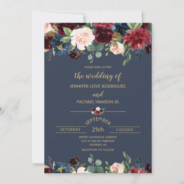 Custom Floral Navy Blue Burgundy Gold Wedding Einladung (Vorderseite)