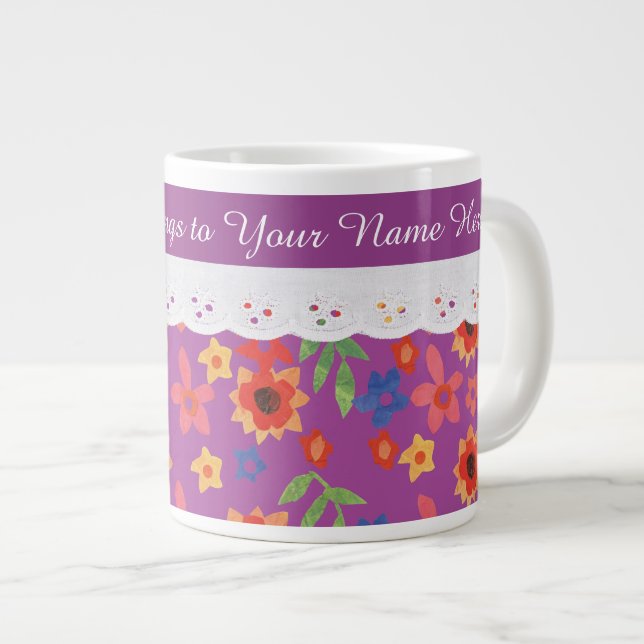 Custom Floral on Magenta, Imitate Lace Coffee Tass Jumbo-Tasse (Vorderseite Rechts)