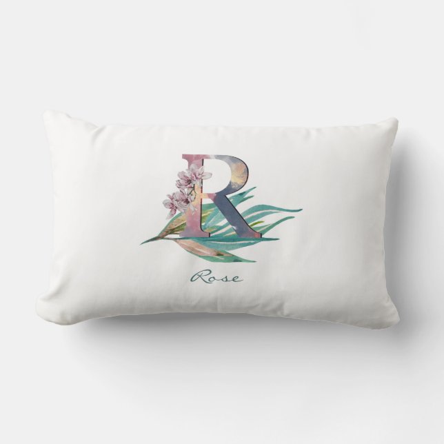 Custom Floral R Letter Watercolor Foliongram Lendenkissen (Vorderseite)