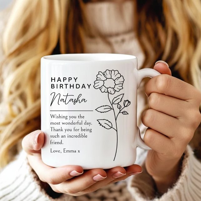 Custom Floral Script Birthday Mug Gift Her Friend  Kaffeetasse (Personalized birthday floral mug gift for coworker, Personalized elegant birthday mug gift for her)