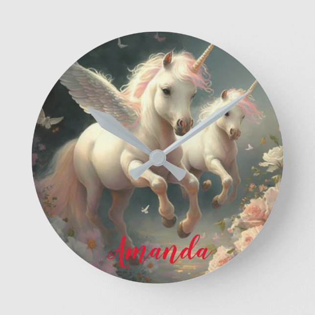 Custom Floral Unicororn fliegen, kleine Pony Runde Wanduhr (Vorderseite)