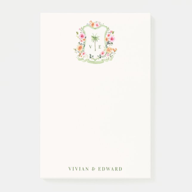 Custom Floral Wedding Wappen Monogram Post-it Note Klebezettel (Vorderseite)