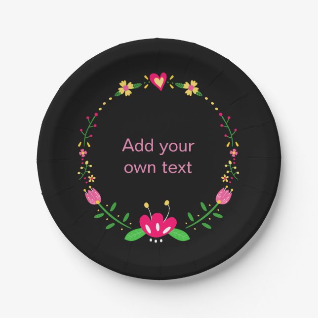 Custom Floral Wreath on Black Pappteller (Vorderseite)