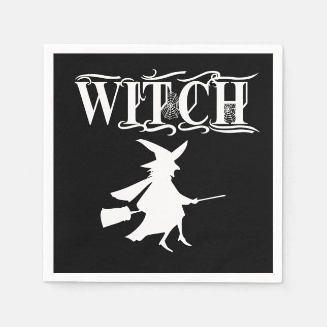 Custom Flying Hexe weiße Typografie Halloween Serviette (Vorderseite)