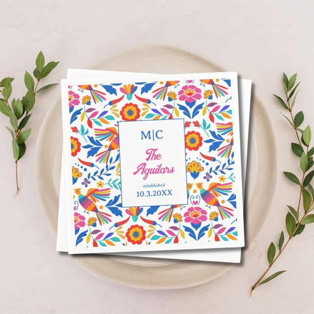 Custom Folk Art Floral Fiesta Monogram Wedding Serviette (Custom Folk Art Floral Fiesta Monogram Wedding Napkins)