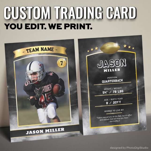 Custom Football Trading Card Black Gold Stadium Telefonnummerkarte (Custom Trading Card Black, Editable Football Trading Card, Modern Black Gold Stadium Design)