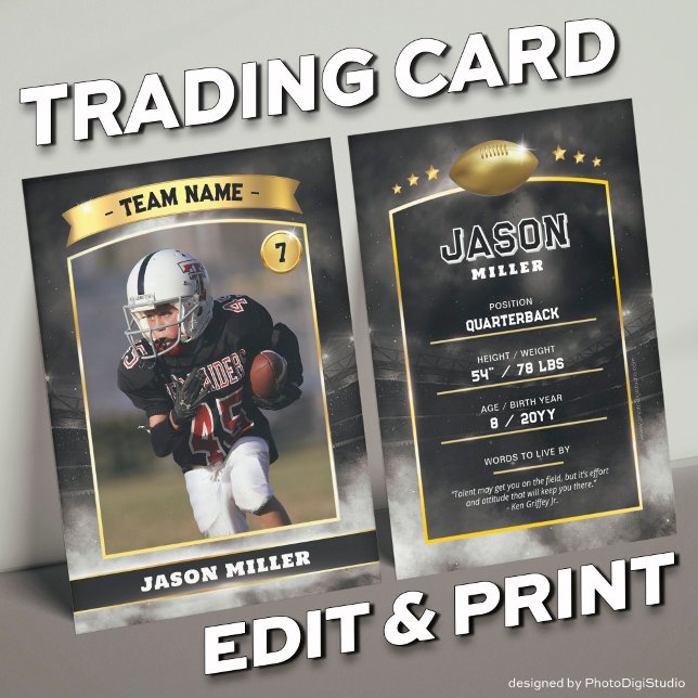 Custom Football Trading Card Black Gold Stadium Telefonnummerkarte (Custom Trading Card Black, Editable Football Trading Card, Modern Black Gold Stadium Design)