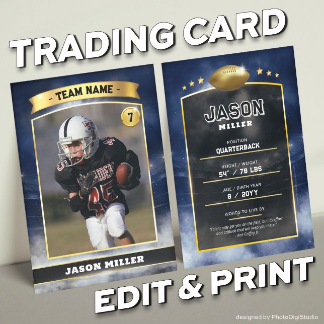 Custom Football Trading Card Blue Gold Stadium Telefonnummerkarte (Custom Trading Card Black, Editable Football Trading Card, Modern Blue Gold Stadium Design)
