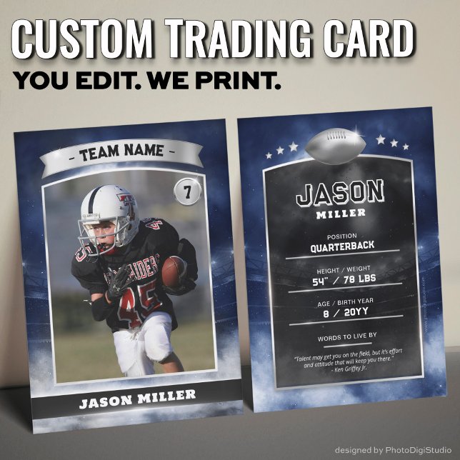 Custom Football Trading Card Blue Silver Stadium Telefonnummerkarte (Custom Trading Card, Editable Football Trading Card, Modern Blue Silver Stadium Design)