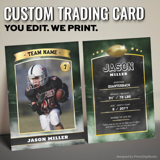 Custom Football Trading Card Green Gold Stadium Telefonnummerkarte (Custom Trading Card Black, Editable Football Trading Card, Modern Green Gold Stadium Design)