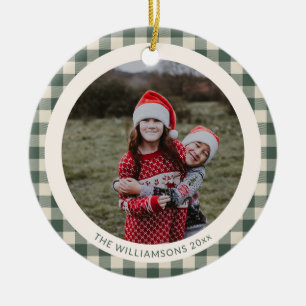 Custom Forest Green Kariert Rustikales Foto Weihna Keramik Ornament