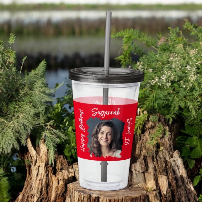 Custom Foto 16. Happy Birthday Personalisiert Red Acryltrinkbecher (custom photo and text tumbler front)