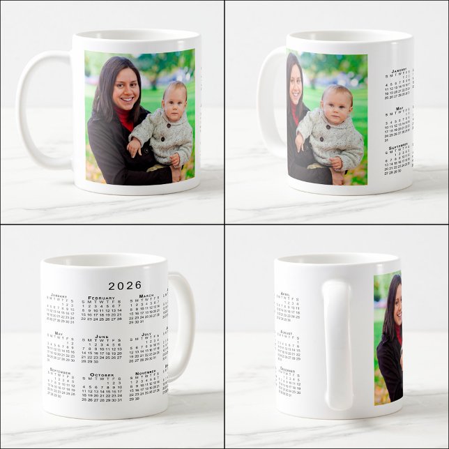 Custom Foto 2026 Kalender Kaffee Tasse (Custom Photo 2026 Calendar Coffee Mug, multiple views)
