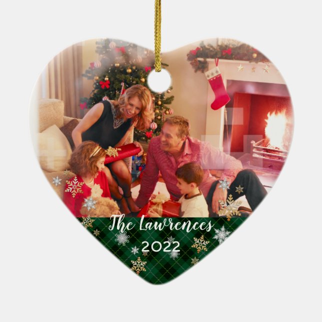 Custom Foto 2-seitig Grün Kariert Frohe Weihnachte Keramik Ornament (Hinten)