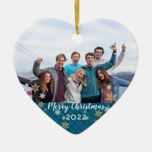 Custom Foto 2-seitig Merry Christmas Blue Kariert Keramik Ornament